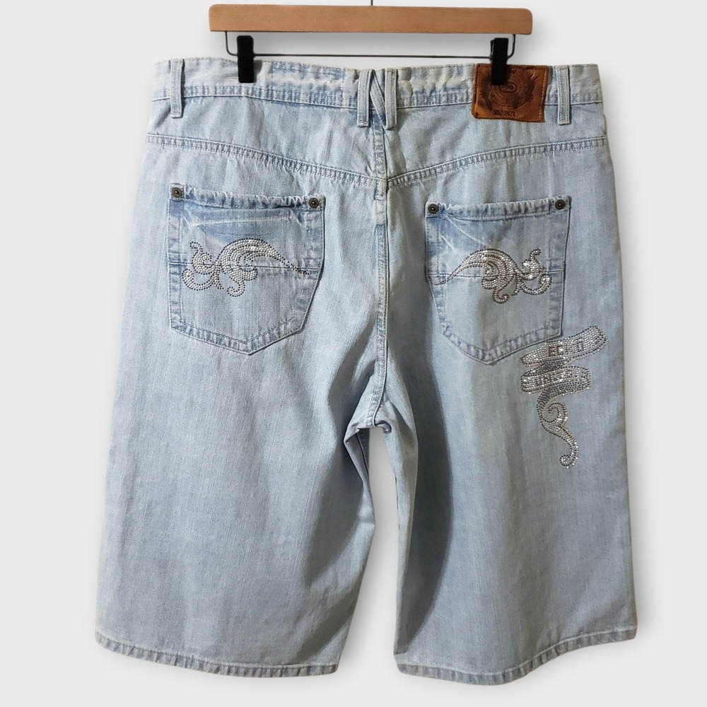 Vtg Ecko Unltd Baggy Y2K Shorts Light Wash Denim Sz 40 Rhinestone Embellished
